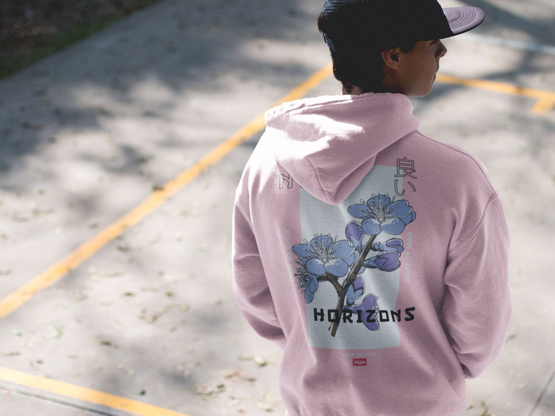 Yūjin Clothing Horizons Hoodie showing a comfortable gray hoodie with a minimalist design and soft fabric texture.