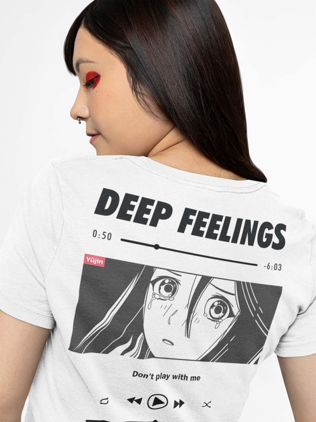Yūjin Clothing Deep Feelings T-Shirt showing a comfortable black cotton T-shirt with a subtle printed design on the front.