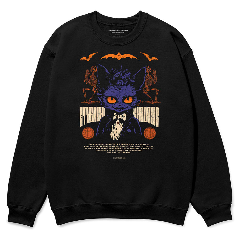 Yūjin Clothing Ethereal Shadows cat sweatshirt featuring a soft fabric with a shadowy cat design on the front.