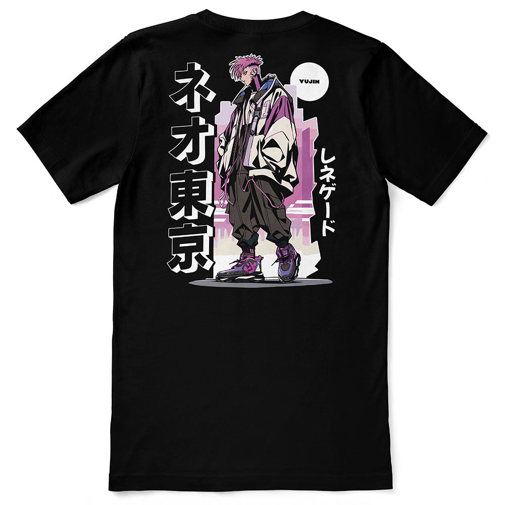 Cyberpunk King T-Shirt by Yūjin Clothing featuring a futuristic king graphic on a black cotton tee.