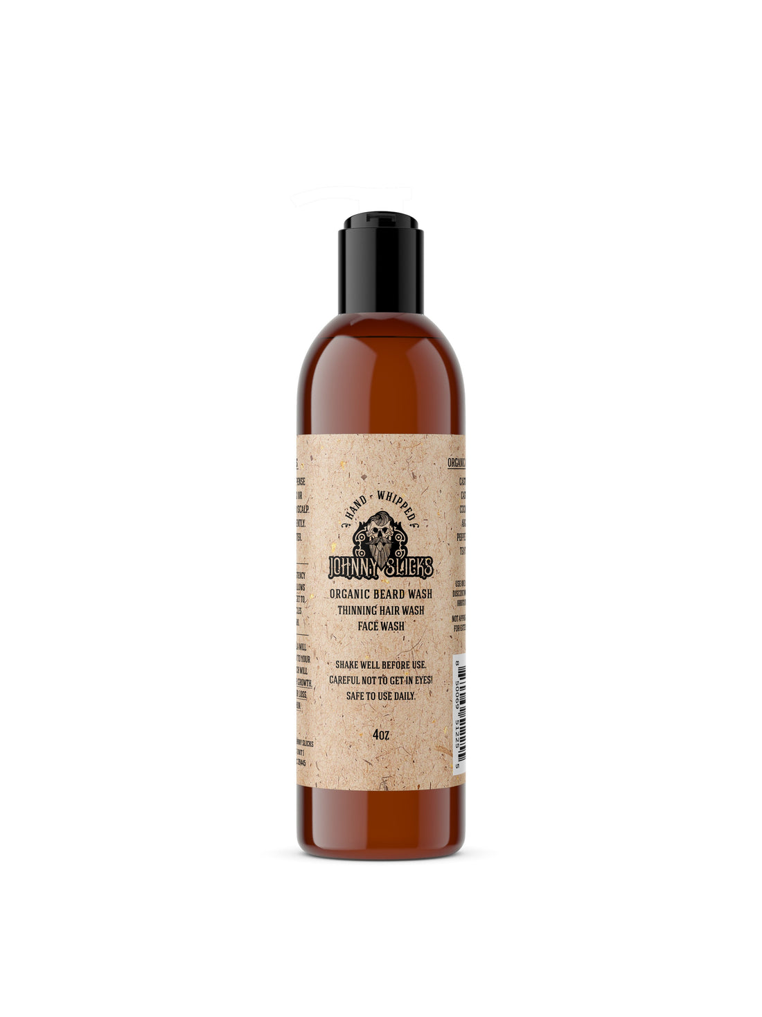 Organic hand-whipped Johnny Slicks beard wash in a clear bottle, showcasing a creamy, natural beard cleansing product.
