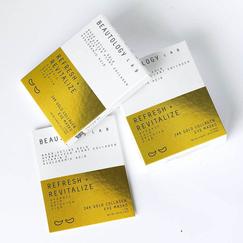 BEAUTOLOGY LAB 24K Gold Collagen Eye Masks, luxurious eye masks with gold and collagen for revitalized skin around eyes.