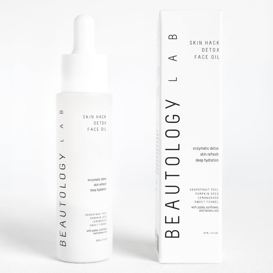 BEAUTOLOGY LAB Skin Hack Detox Face Oil bottle with dropper, natural skincare product for revitalizing and detoxifying skin.