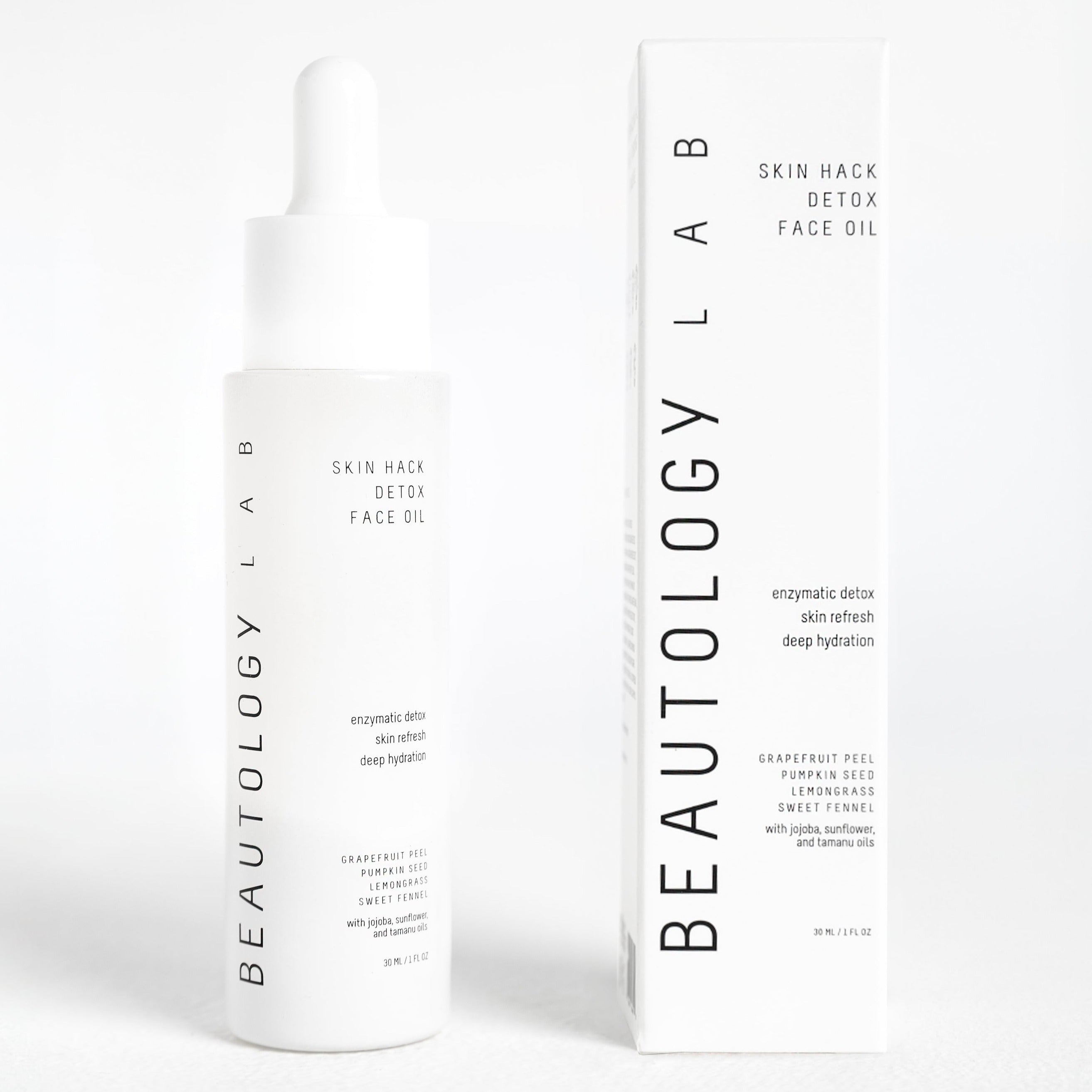 BEAUTOLOGY LAB Skin Hack Detox Face Oil bottle with dropper, natural skincare product for revitalizing and detoxifying skin.