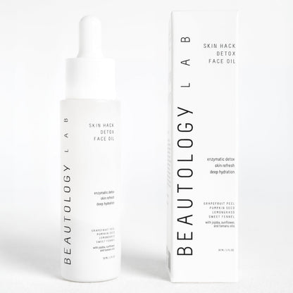 BEAUTOLOGY LAB Skin Hack Detox Face Oil bottle with dropper, natural skincare product for revitalizing and detoxifying skin.