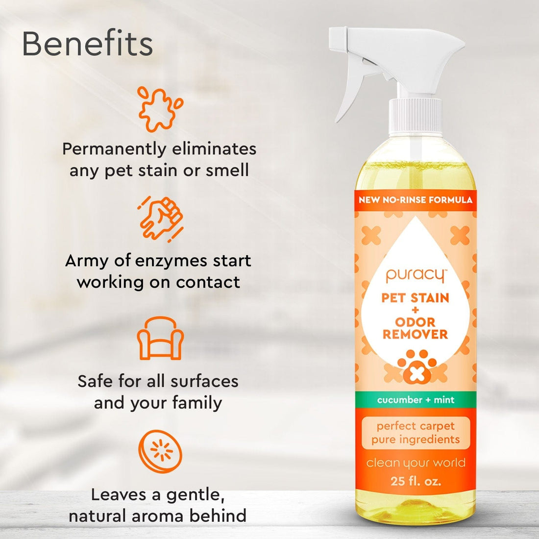 Puracy Pet Stain &amp; Odor Remover bottle with spray nozzle, showing natural ingredients and cleaning solution for pet messes.