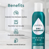 Puracy dry shampoo bottle showing benzene-free, silicone-free, and color-safe formula with applicator brush.