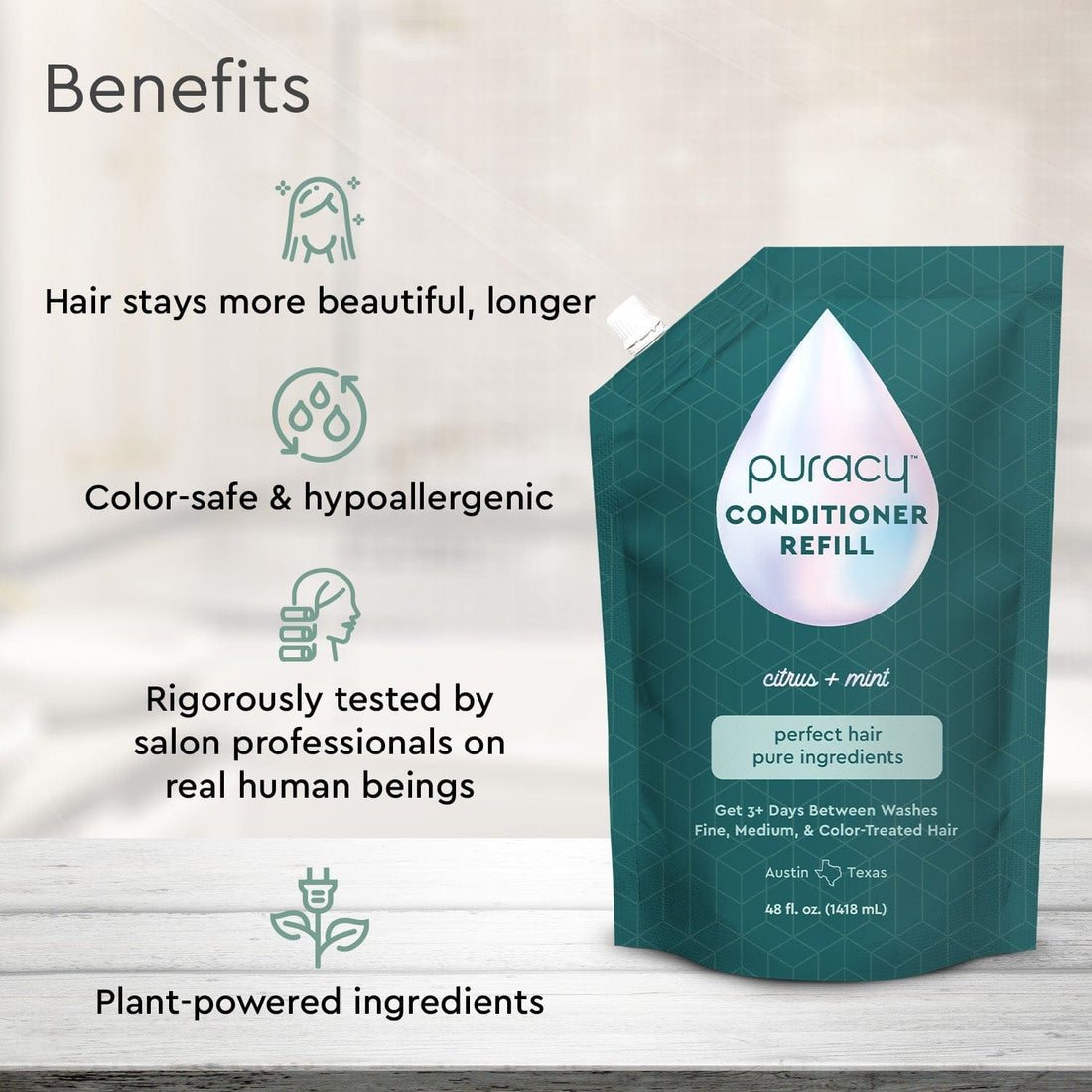 Puracy silicone-free conditioner bottle with natural ingredients, showcasing smooth, healthy hair after use.