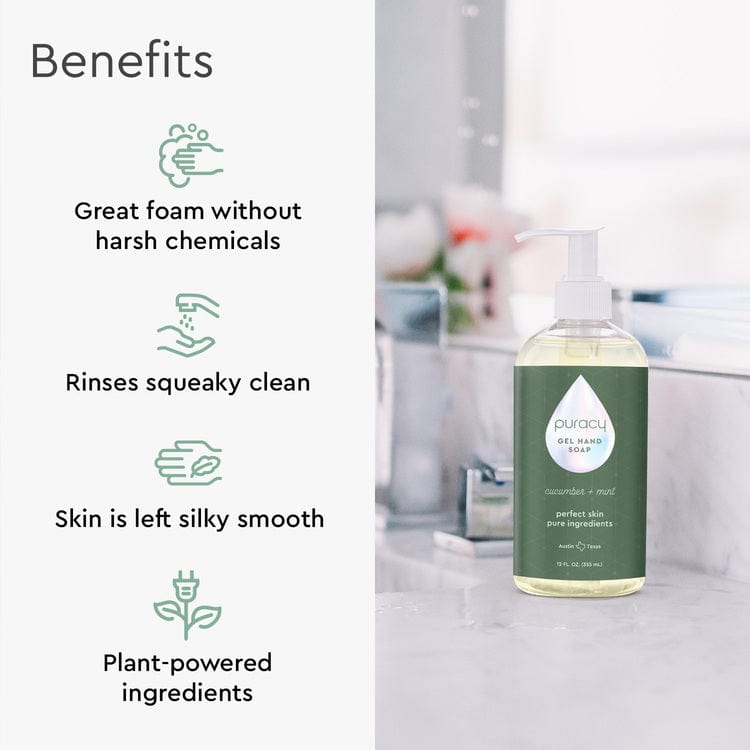 Puracy Gel Hand Soap with rich lather and gentle cleansing, shown with a pump dispenser and fresh, clean hands.