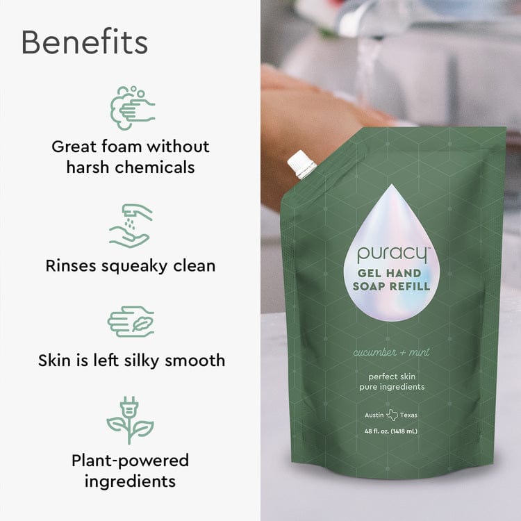 Puracy Gel Hand Soap bottle with pump dispenser, showing the product&