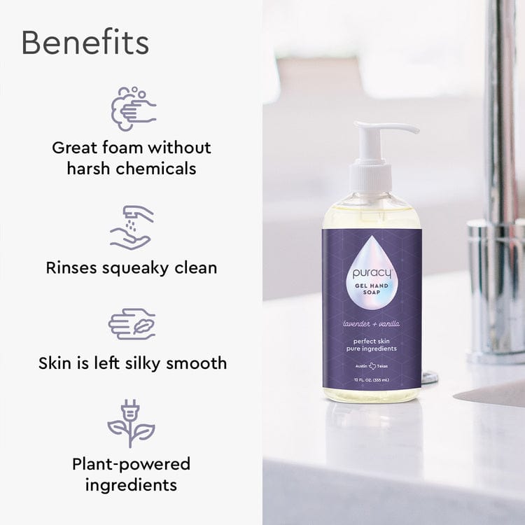 Puracy Gel Hand Soap in a clear pump bottle, showing the soap&
