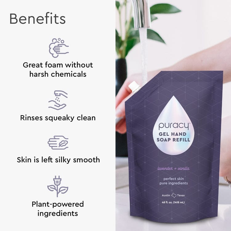 Puracy Gel Hand Soap with moisturizing formula, clear pump bottle, and fresh scent, suitable for daily handwashing.