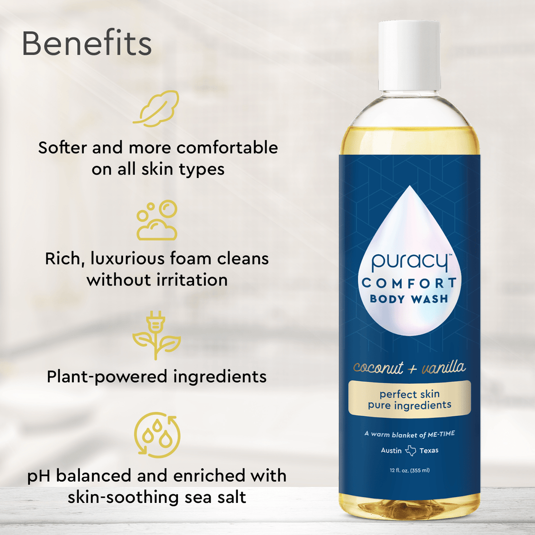 Puracy acidified pH balanced body wash with natural ingredients, gentle cleansing for healthy, refreshed skin.