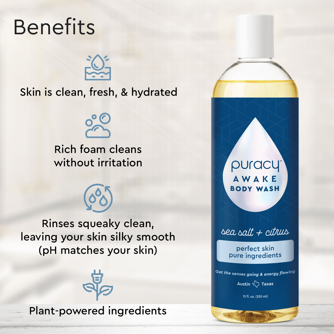Puracy acidified, pH balanced body wash with natural ingredients and skin benefits, shown in a sleek bottle.