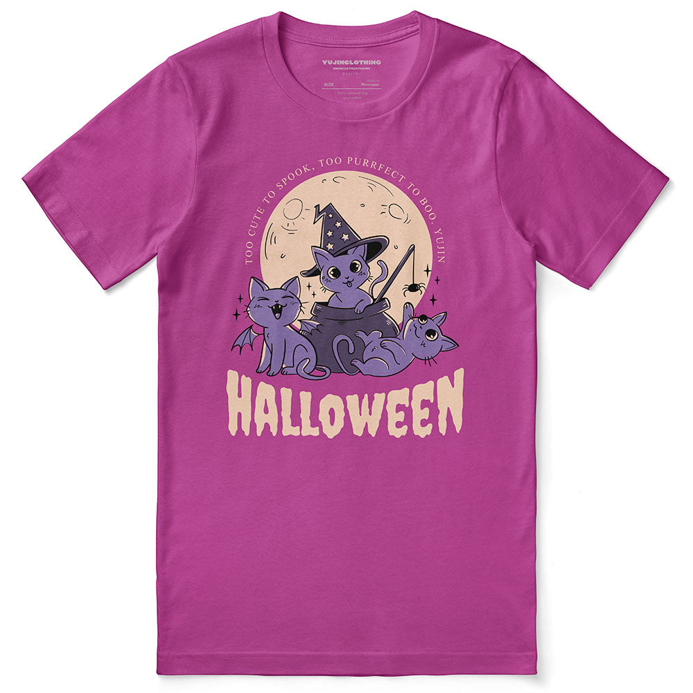 Black Halloween Cats T-Shirt by Yūjin Clothing featuring spooky cat silhouettes on a comfortable cotton fabric.