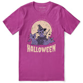 Black Halloween Cats T-Shirt by Yūjin Clothing featuring spooky cat silhouettes on a comfortable cotton fabric.