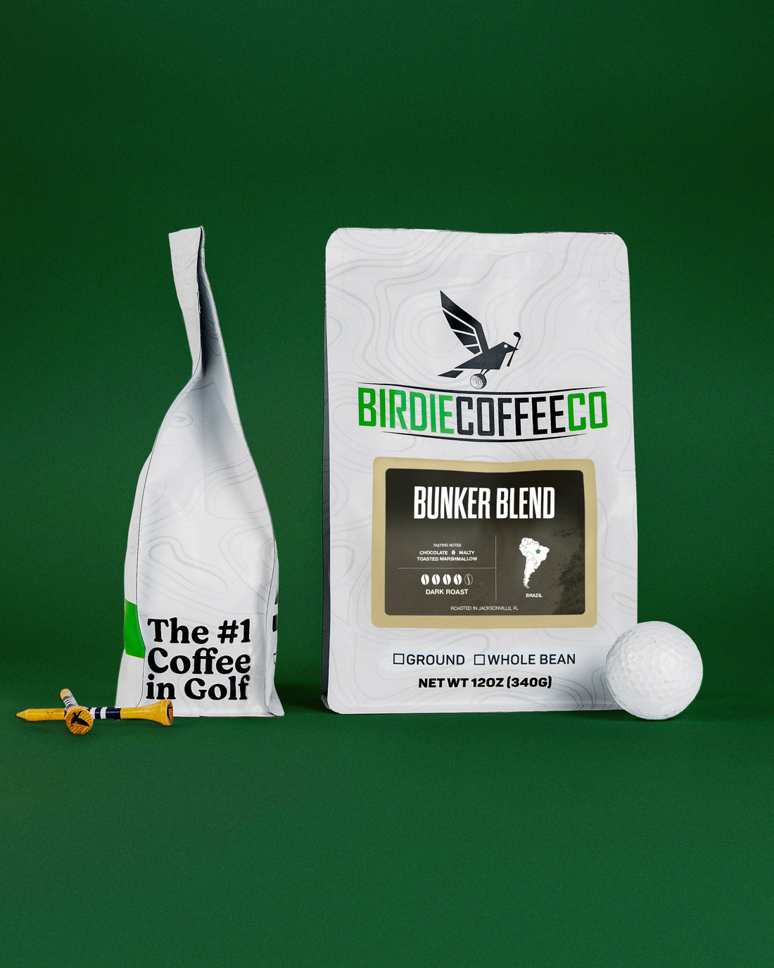 Ground Birdie Coffee Company Bunker Blend Latin American coffee in a bag, showcasing rich roasted coffee beans and packaging.