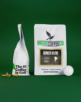 Ground Birdie Coffee Company Bunker Blend Latin American coffee in a bag, showcasing rich roasted coffee beans and packaging.