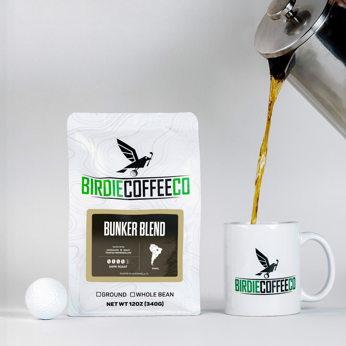 Ground Birdie Coffee Company Bunker Blend Latin American coffee in a bag, showcasing rich, roasted coffee grounds.