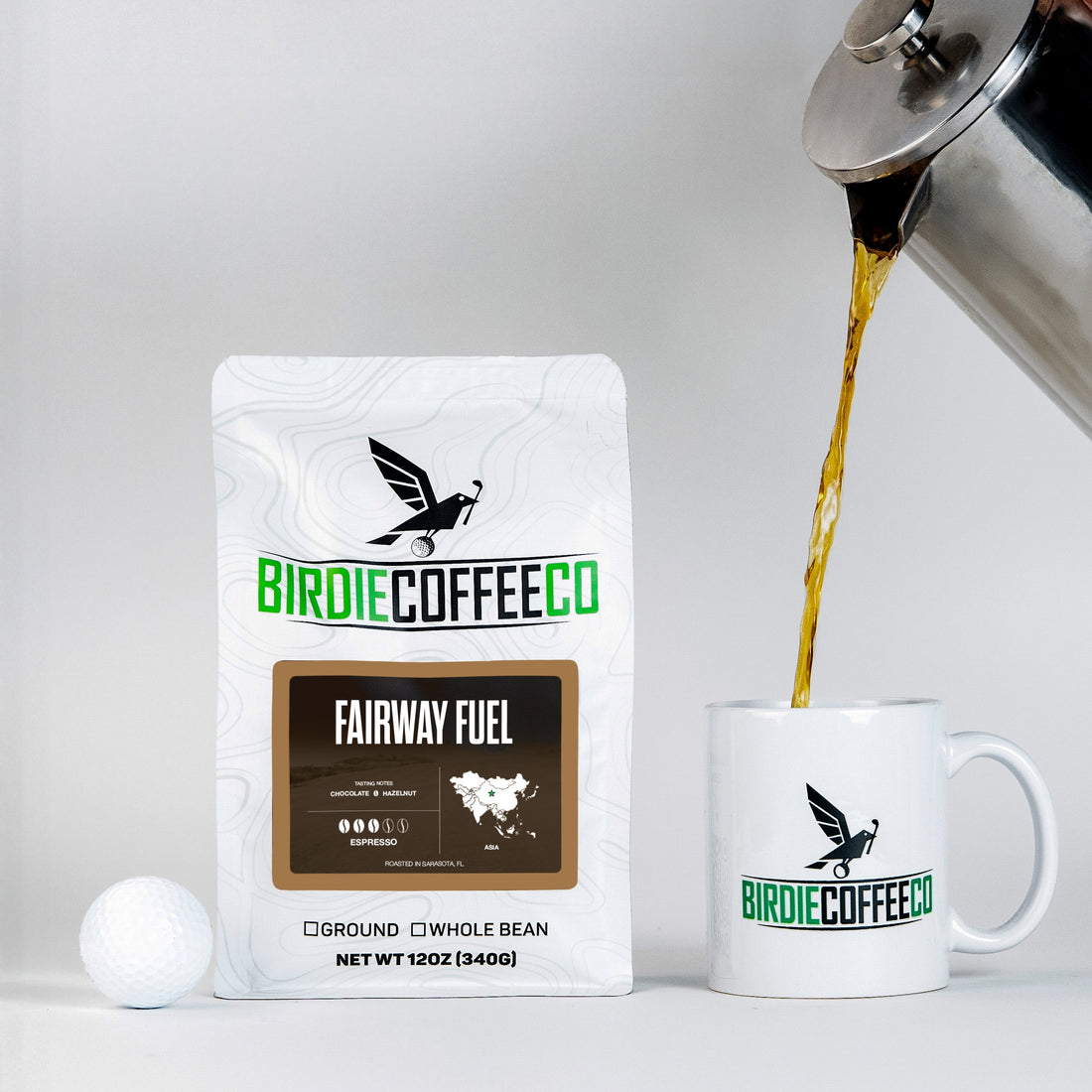 Ground Fairway Fuel Medium Roast Coffee by Birdie Coffee Company, rich aromatic coffee beans for brewing.