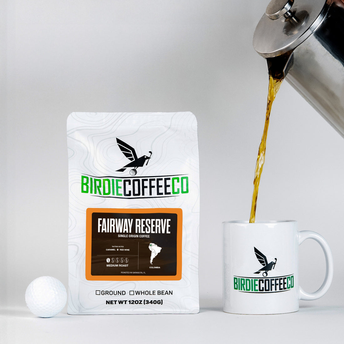 Ground Colombia coffee from Fairway Reserve by Birdie Coffee Company, showcasing rich, roasted coffee grounds in a clear bag.