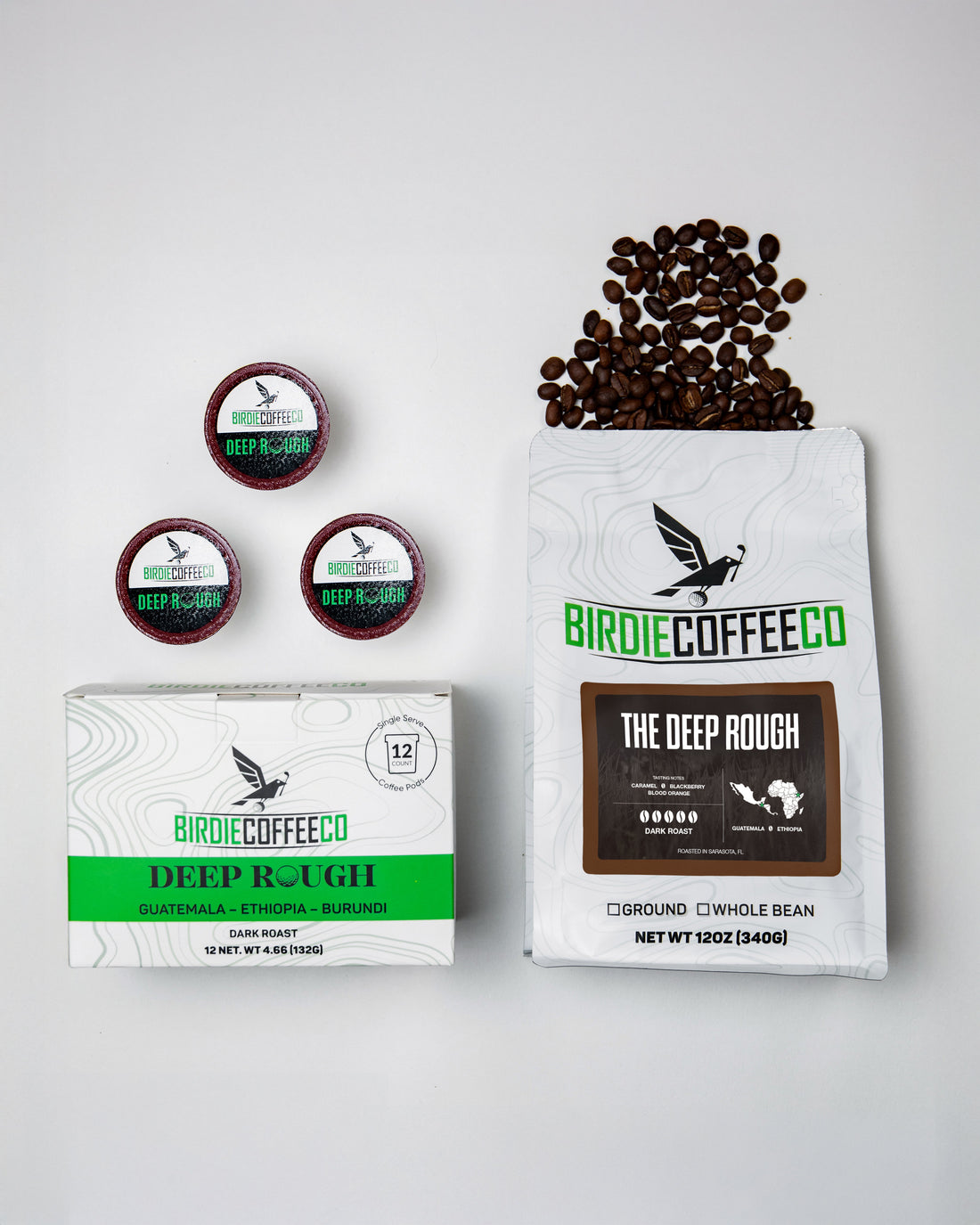 Ground dark roast coffee from Birdie Coffee Company, The Deep Rough blend, with rich, deep-brewed aroma and deep brown color.