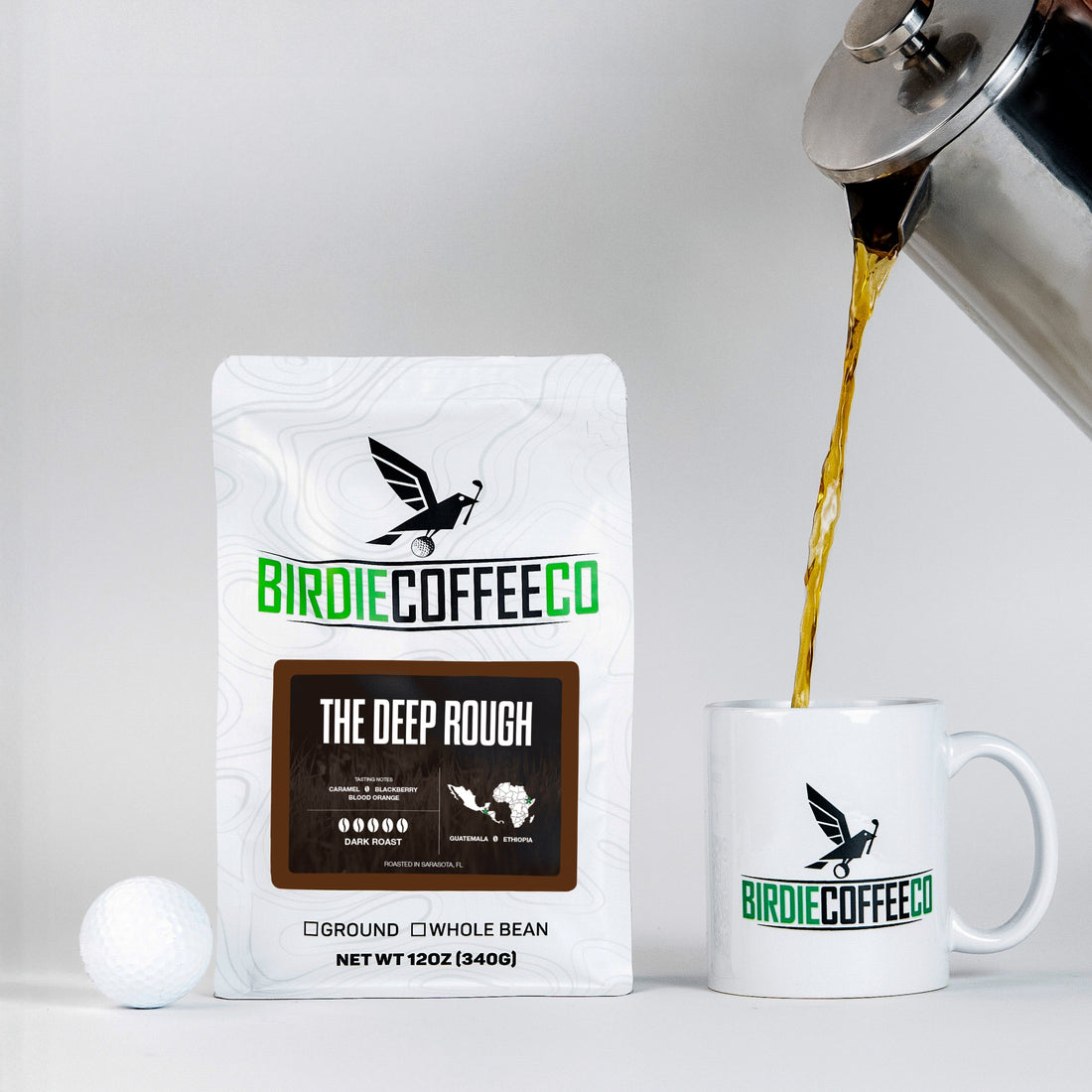 Ground dark roast coffee from Birdie Coffee Company, The Deep Rough, with rich, aromatic coffee grounds for brewing.