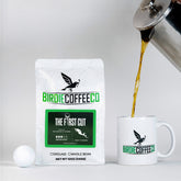 Ground Birdie Coffee Company The First Cut Medium Roast Coffee in a clear bag, showcasing its rich, aromatic coffee grounds.