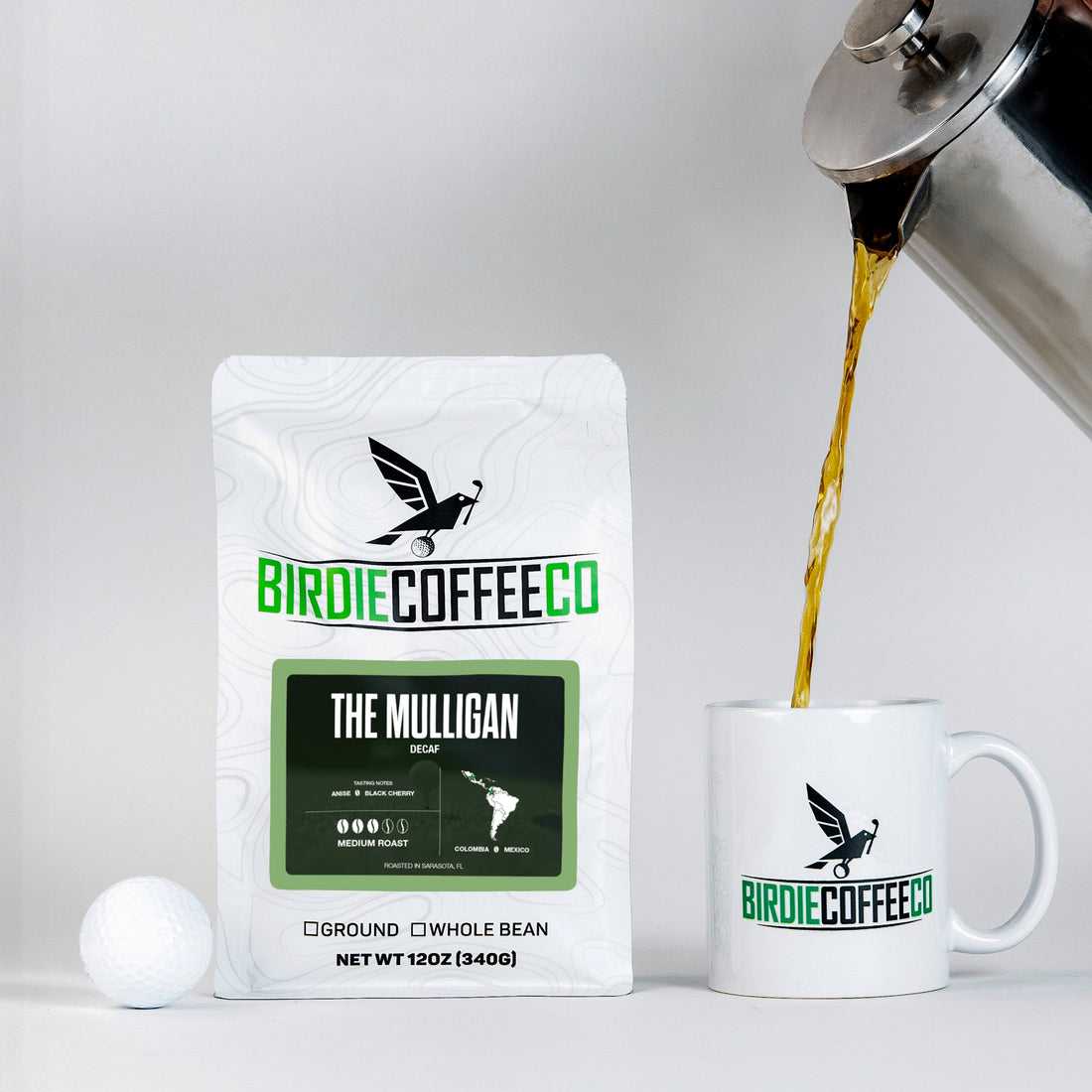 Ground decaf coffee from Birdie Coffee Company, The Mulligan, shown in a clear image with a rich, aromatic appearance.