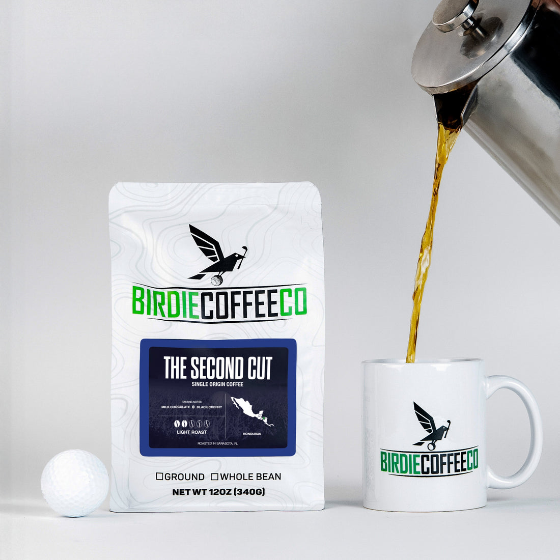 Ground Birdie Coffee Company The Second Cut Light Roast Coffee in a bag, ready for brewing.