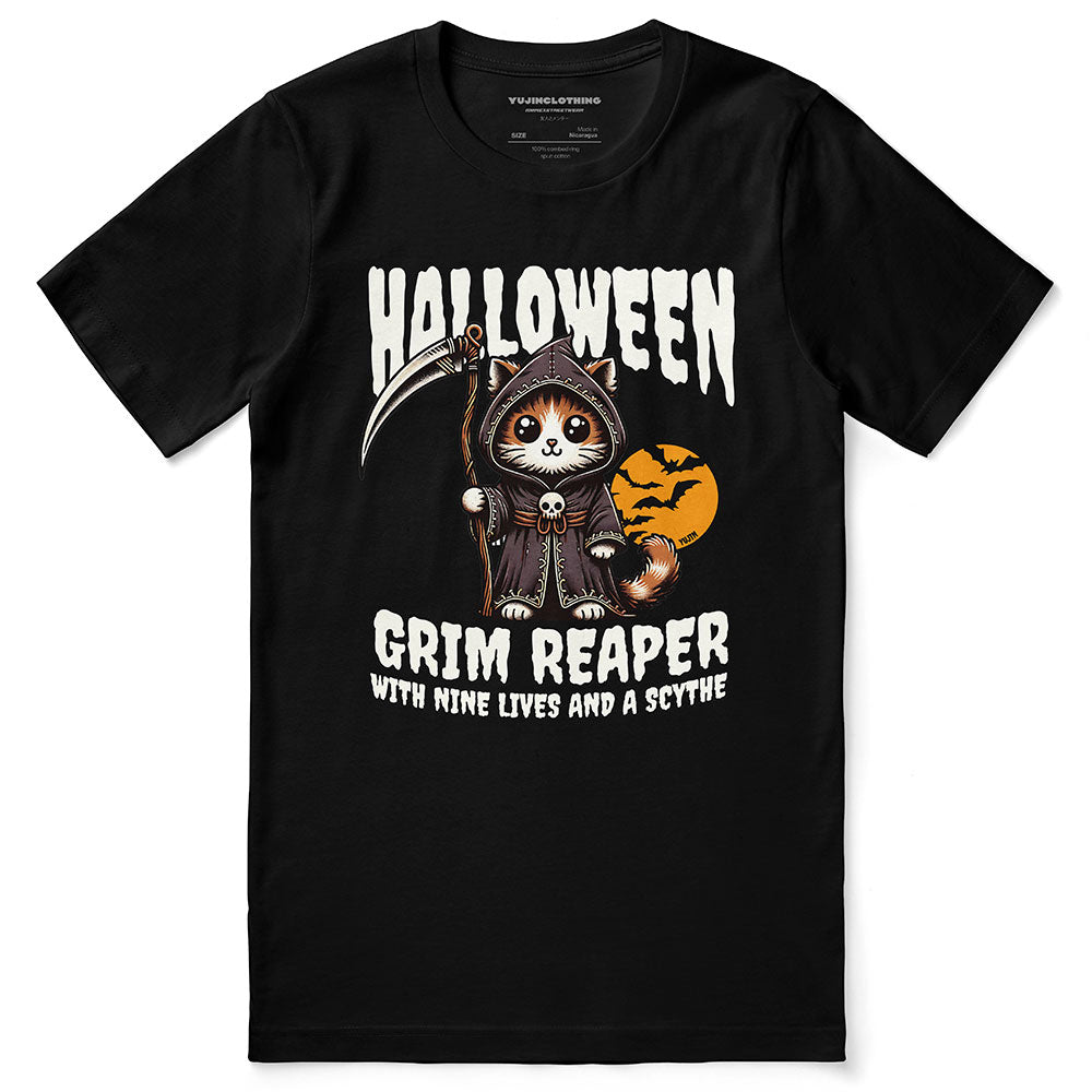 Yūjin Clothing Grim Reaper Halloween cat T-shirt featuring a spooky cat design on black fabric, perfect for Halloween costumes.