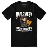 Yūjin Clothing Grim Reaper Halloween cat T-shirt featuring a spooky cat design on black fabric, perfect for Halloween costumes.