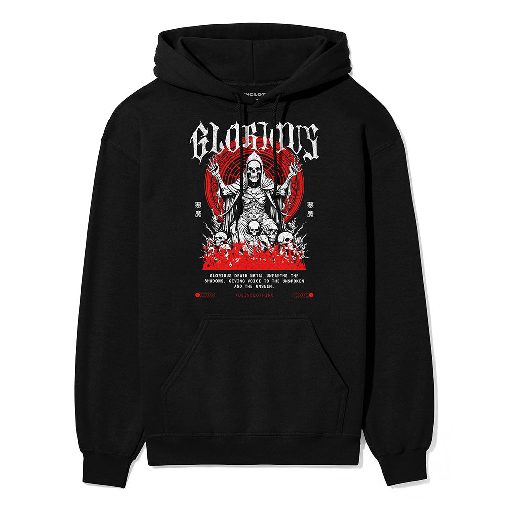 Yūjin Clothing Glorious Death hoodie featuring a dark, graphic design with a hood and comfortable fit.