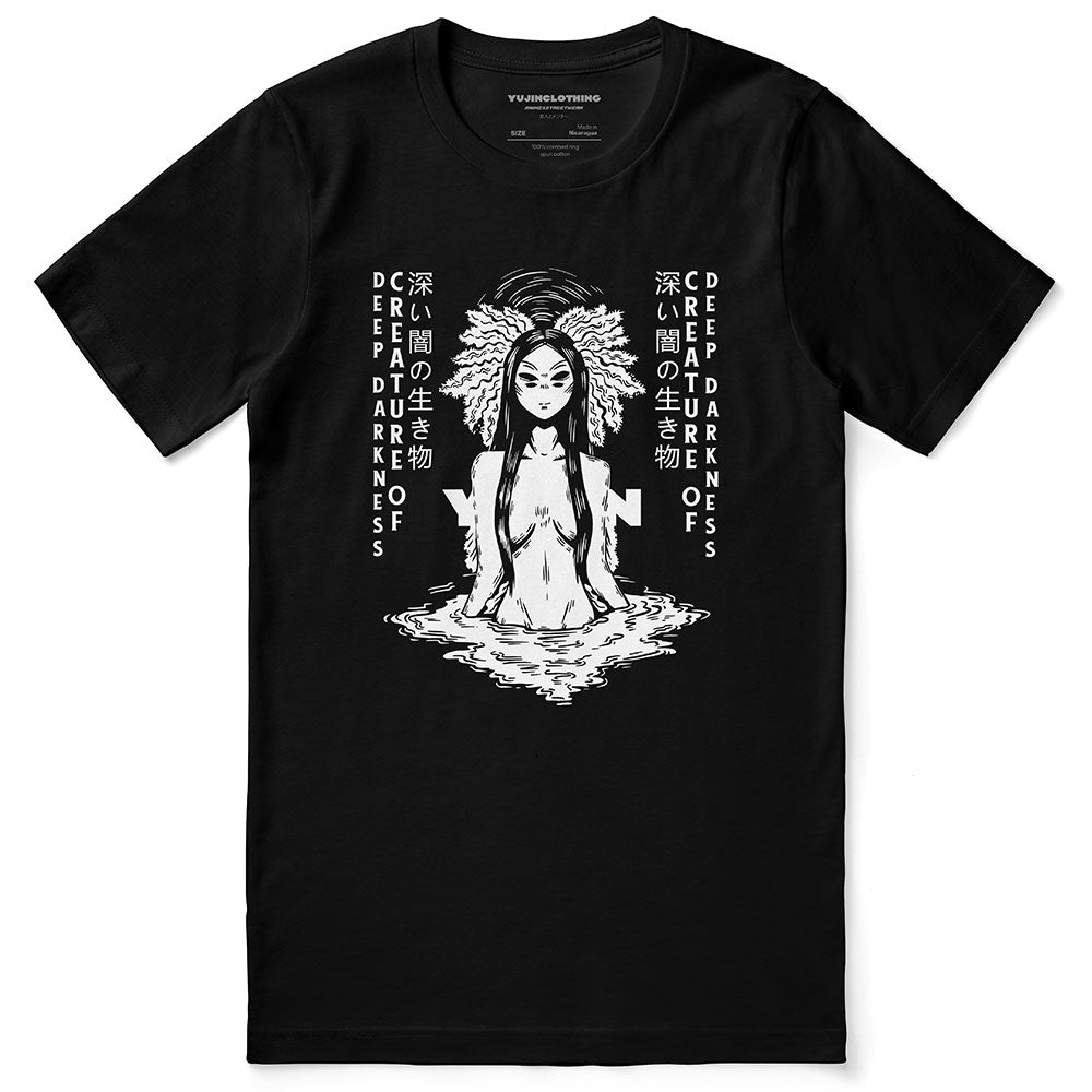 Yūjin Clothing Deep Darkness T-Shirt featuring a black fabric and minimalist design, displayed flat on a white background.