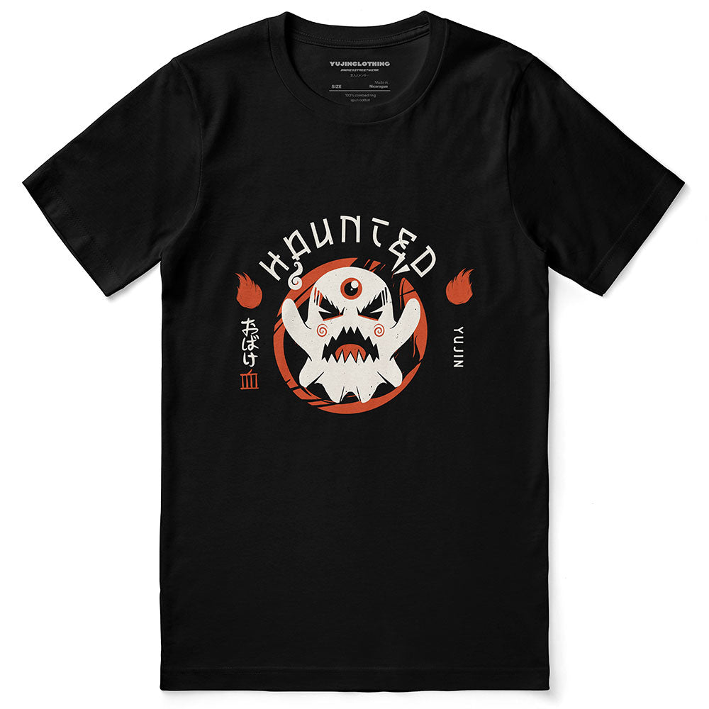 Black Haunted T-Shirt by Yūjin Clothing featuring spooky ghostly design and comfortable cotton fabric.