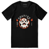 Black Haunted T-Shirt by Yūjin Clothing featuring spooky ghostly design and comfortable cotton fabric.