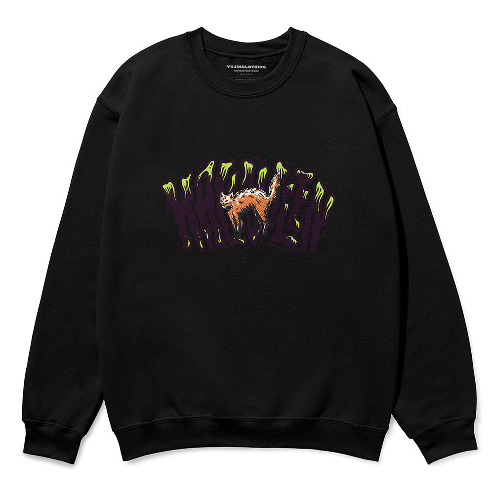 Yūjin Clothing Halloween sweatshirt featuring festive orange and black design with spooky graphics and comfortable fabric.