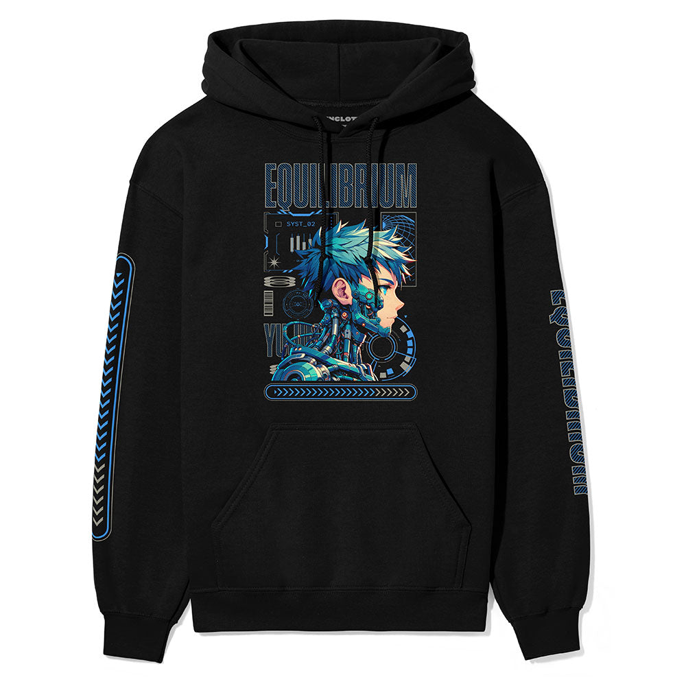 Yūjin Clothing Equilibrium Cyborg Hoodie featuring a futuristic design, soft fabric, and comfortable fit for casual wear.