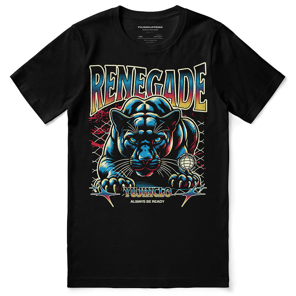 Yūjin Clothing Renegade cat T-shirt featuring a stylish graphic design on a comfortable cotton fabric