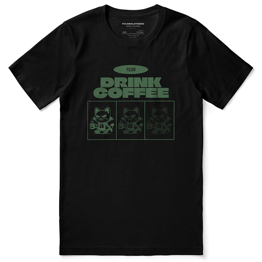 Yūjin Clothing Drink Coffee Cat T-Shirt featuring a playful cat design on a casual cotton t-shirt.