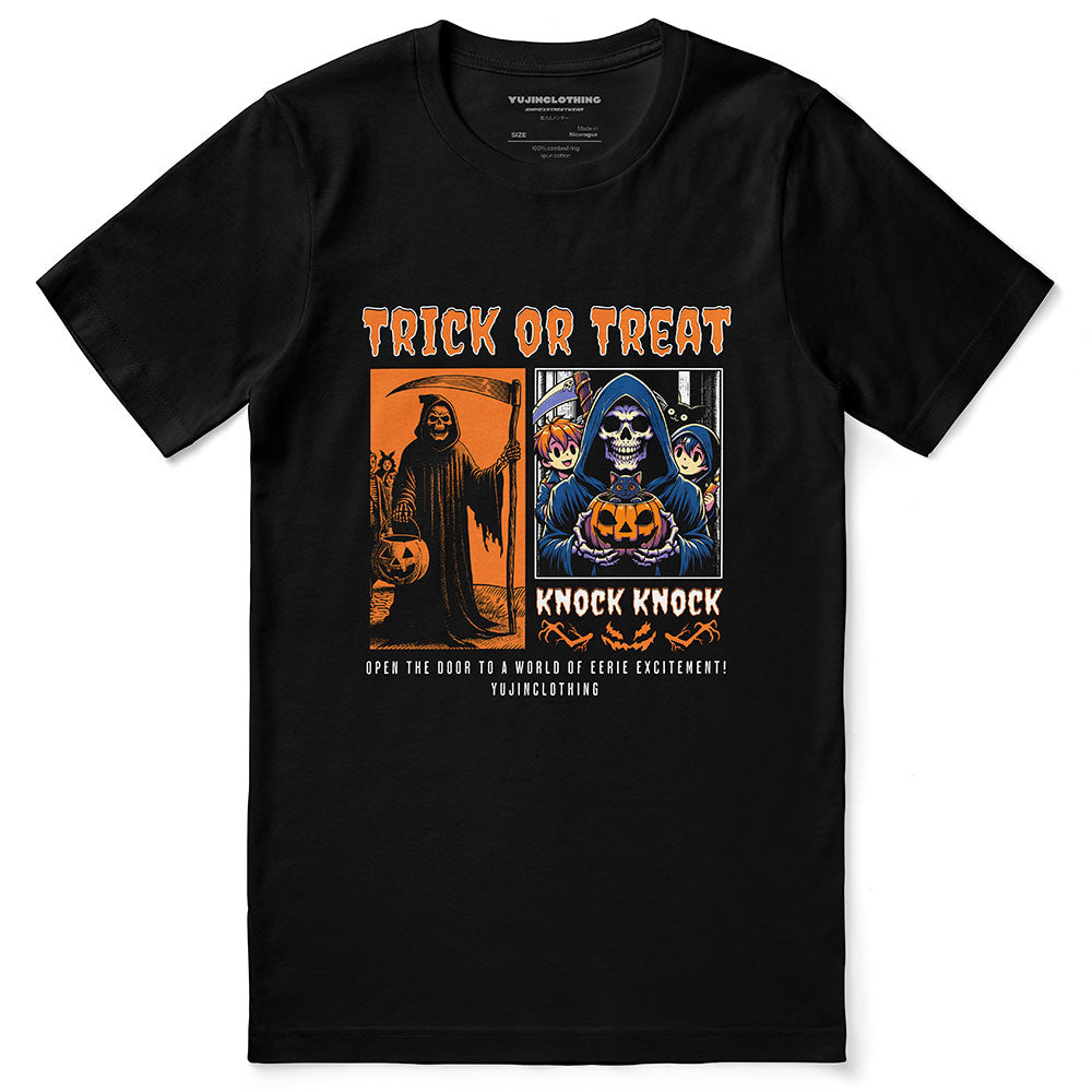 Yūjin Clothing Knock Knock Halloween T-Shirt featuring spooky ghost graphic, black short-sleeve cotton tee for Halloween costumes and casual wear.