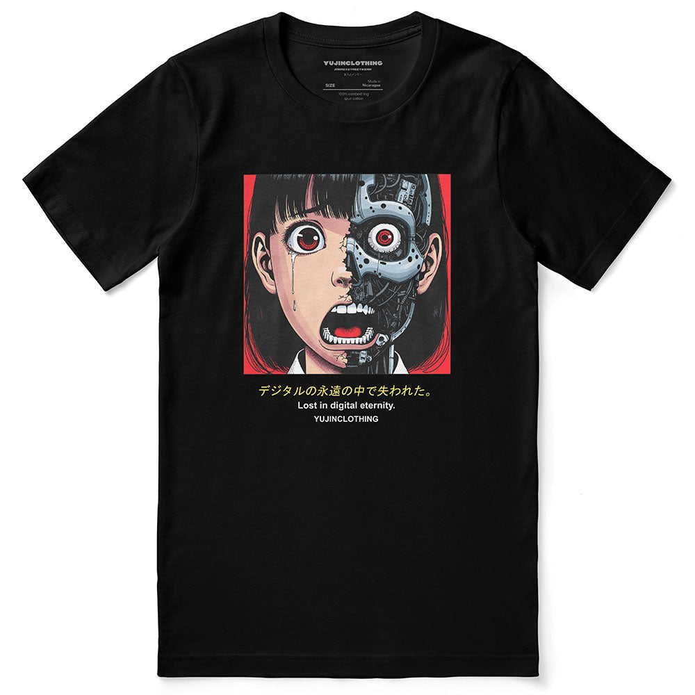 Cyborg Girl T-Shirt by Yūjin Clothing featuring a futuristic cybernetic female design on a casual cotton tee.