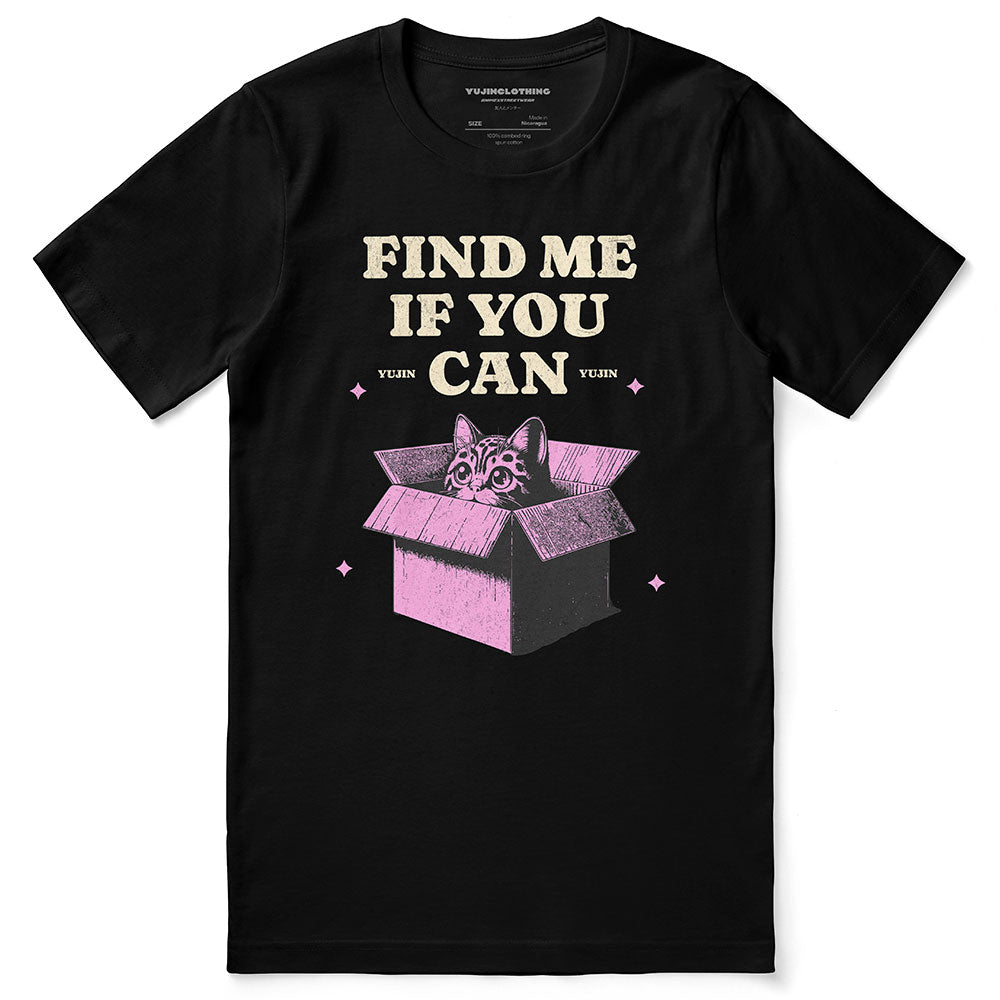 Yūjin Clothing Find Me Cat T-Shirt featuring a playful cat graphic on a casual cotton t-shirt.