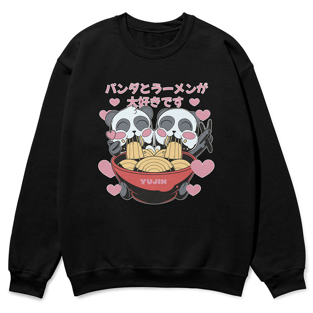 Yūjin Clothing cute ramen pandas sweatshirt featuring a playful panda and ramen noodle design on soft fabric.