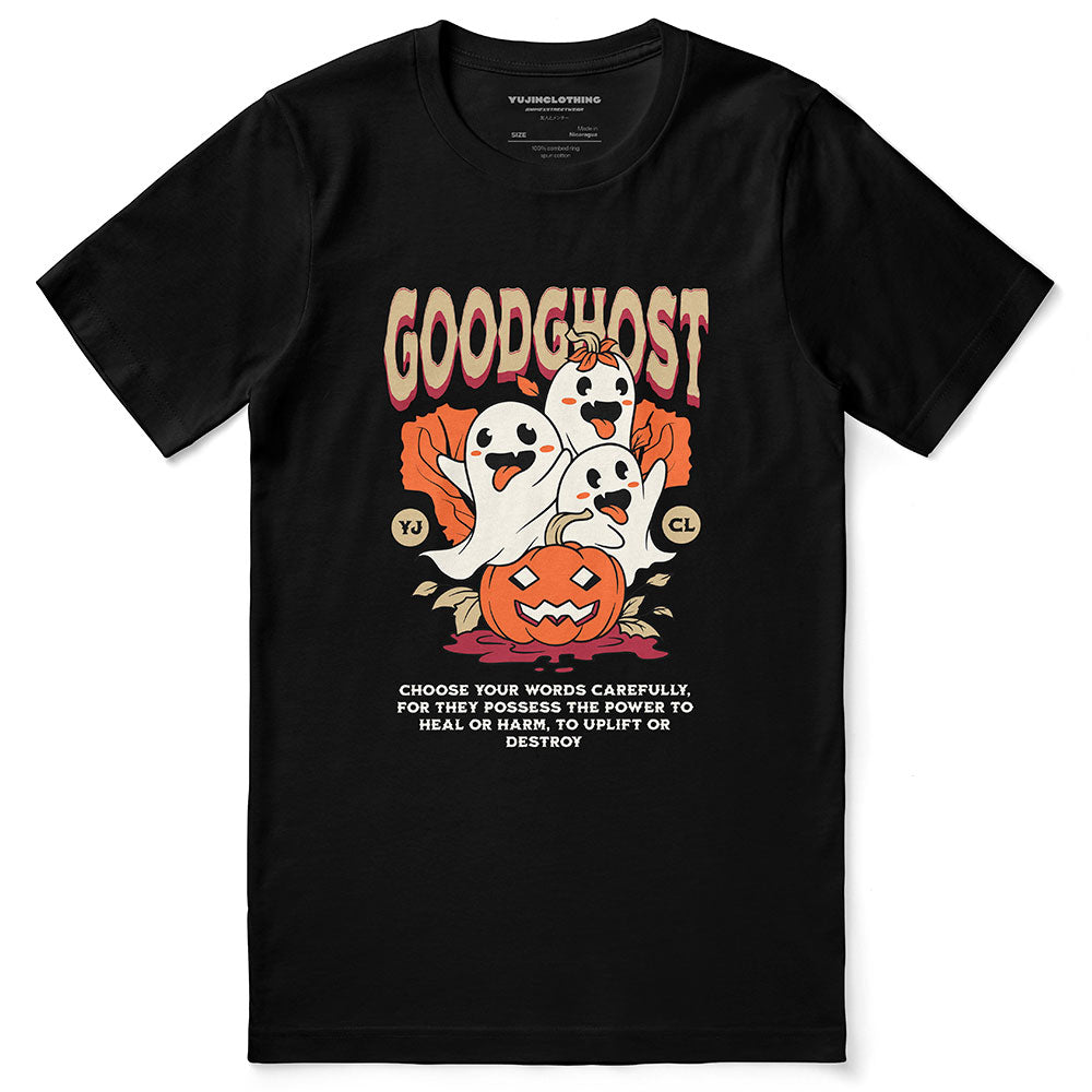 Yūjin Clothing Goodghost Halloween T-Shirt featuring a spooky ghost design on black fabric, perfect for Halloween costumes and casual wear.