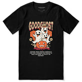Yūjin Clothing Goodghost Halloween T-Shirt featuring a spooky ghost design on black fabric, perfect for Halloween costumes and casual wear.