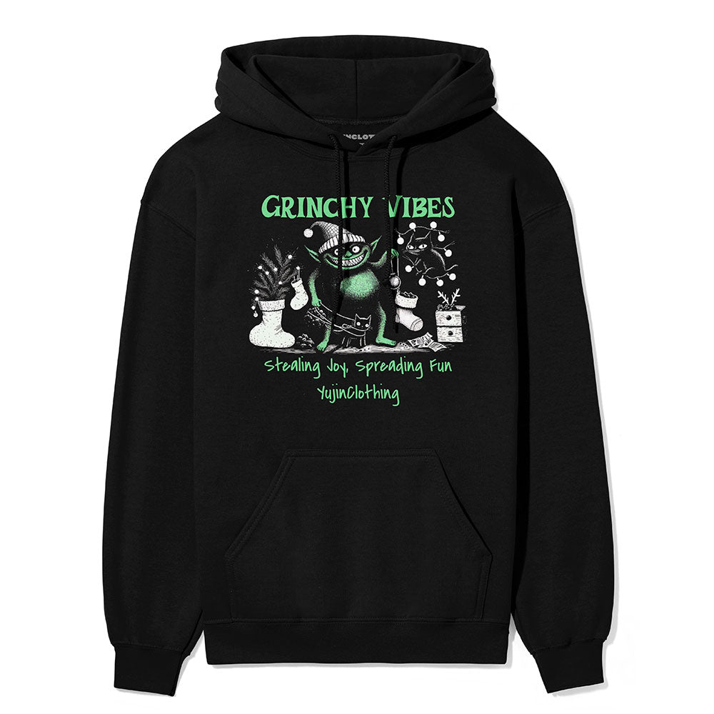 Yūjin Clothing Grinchy Vibes Christmas hoodie featuring a festive green Grinch design on cozy, holiday-themed hoodie fabric.