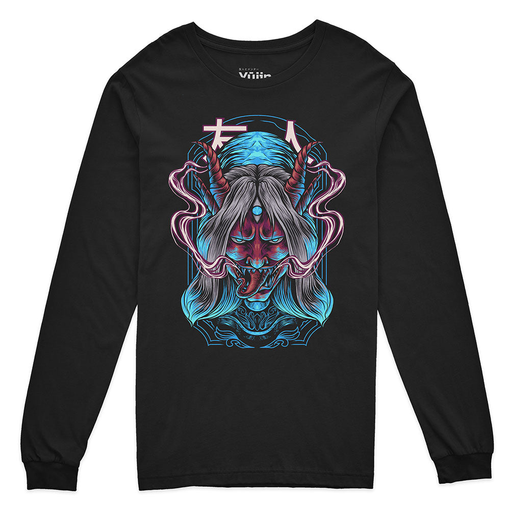 Yūjin Clothing Possessed long sleeve T-shirt featuring dark graphic design and comfortable fit on a plain background.