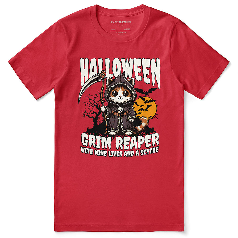 Yūjin Clothing Grim Reaper Halloween cat T-shirt featuring a spooky cat design on black fabric.
