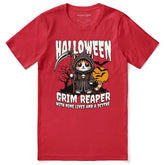 Yūjin Clothing Grim Reaper Halloween cat T-shirt featuring a spooky cat design on black fabric.